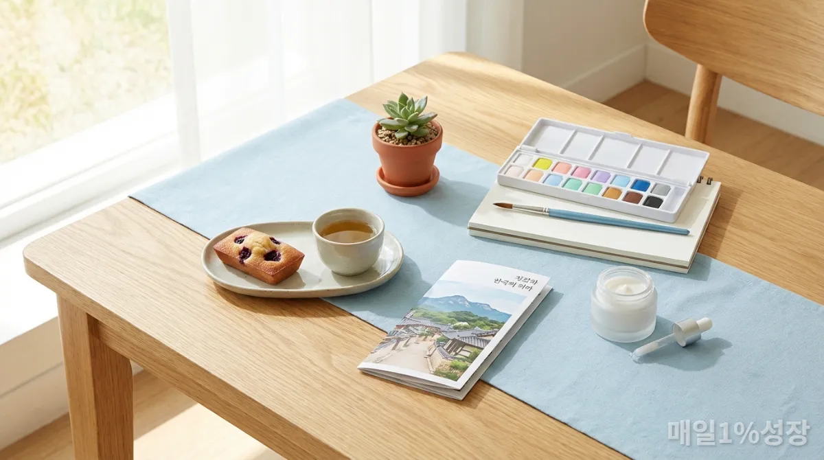 다양한 유형의 한국식 힐링 소비 아이템 콜라주