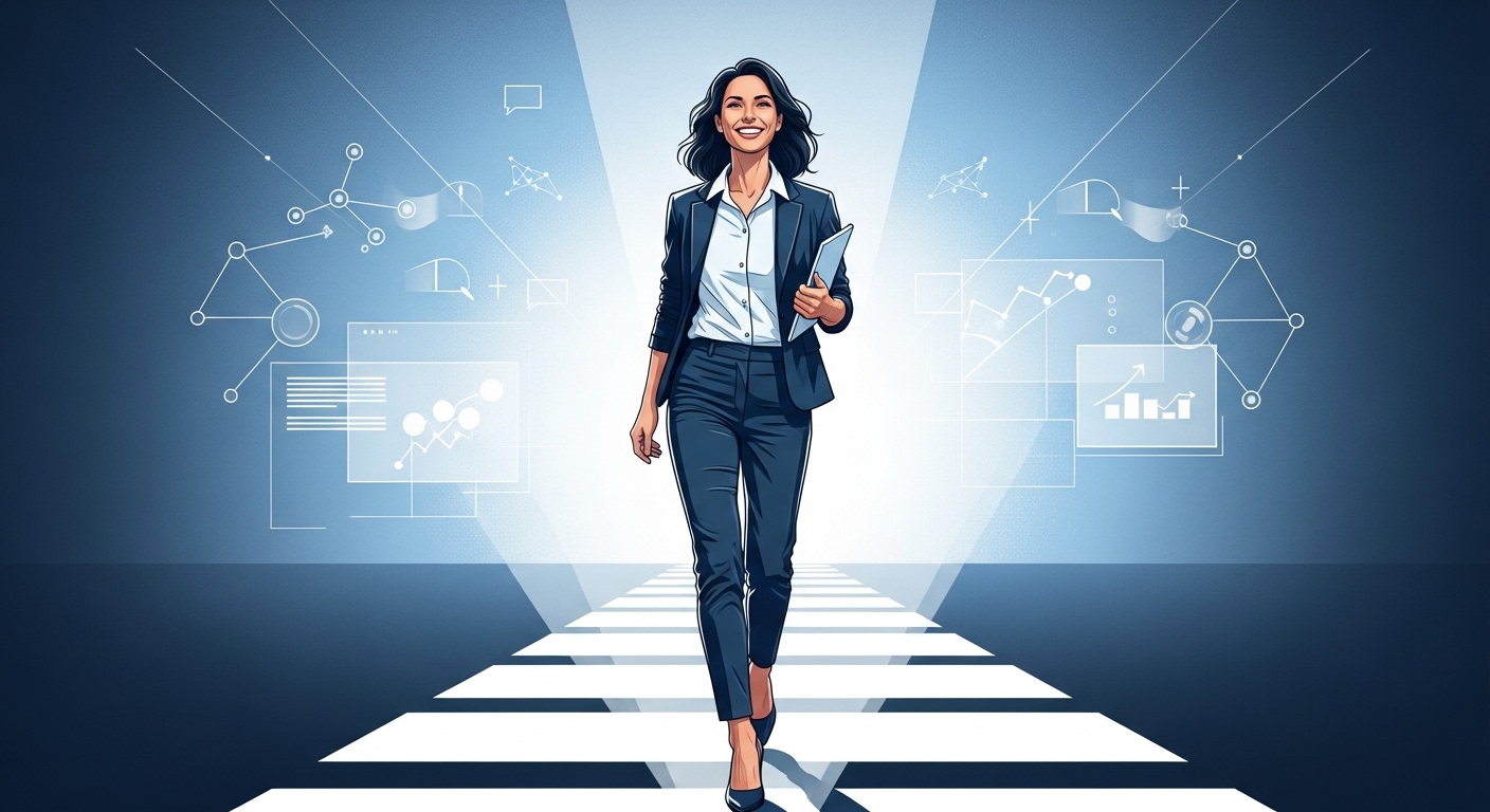 밝은 표정으로 성공적인 재취업 로드맵을 따라 걷는 자신감 있는 여성, 미래지향적인 커리어와 기회를 상징하는 배경