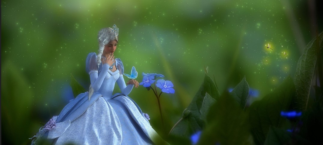 멀리 숲 속에 예쁜 드레스를 입은 공주가 풀밭에 앉아 나비를 보고 있는 모습을 환상적으로 그린 그림