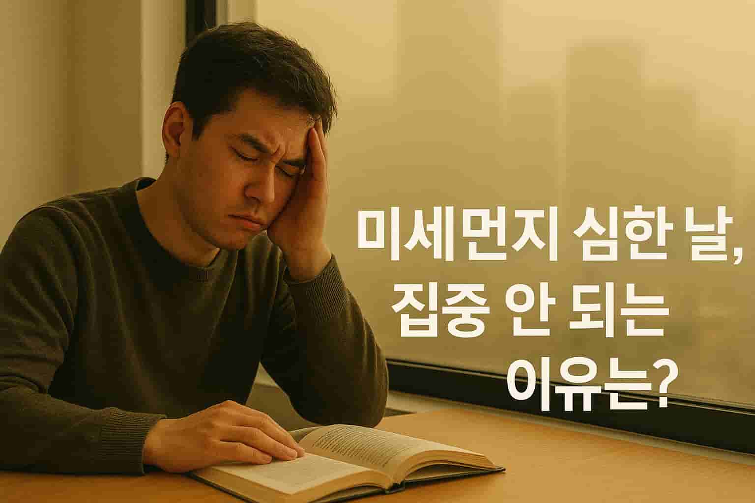 창밖에는 초미세먼지가 많이 보이고 도서관에서 독서에 집중하지 못하는 남자의 이미지