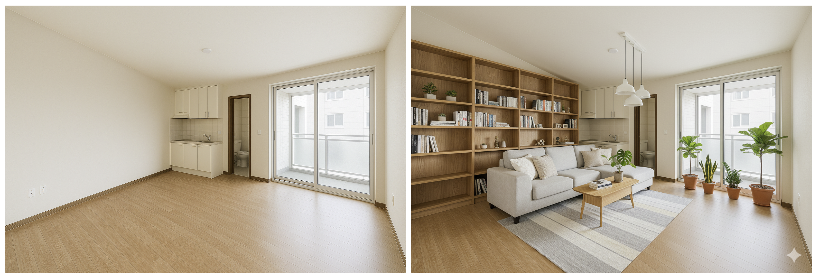 기존의 빈방에 단순히 가구만 추가해보는 프롬프트로 생성된 이미지