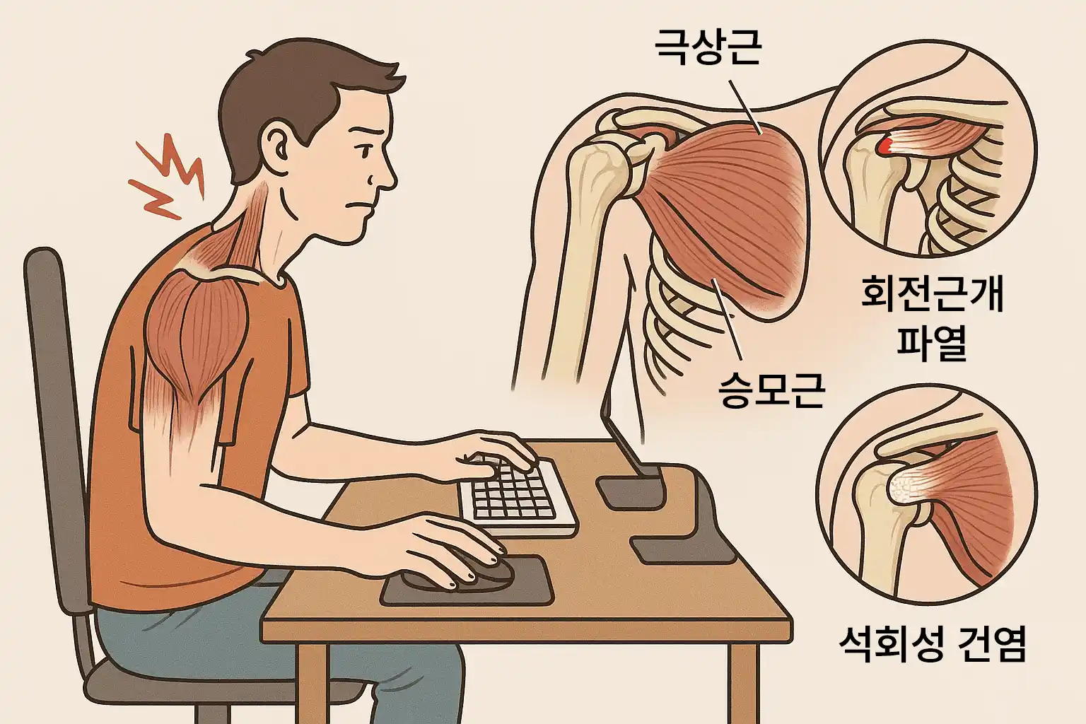 책상에서 불균형한 자세로 마우스를 사용하는 장면, 어깨 근육 구조(극상근, 승모근 등)를 보여주는 근육 해부도, 회전근개 손상과 석회성 건염의 위치