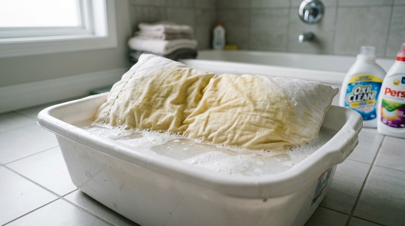 베개 노란 얼룩 과탄산소다 담그기 제거법 세탁