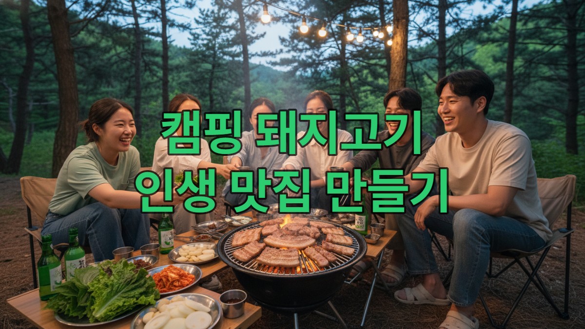 최근 대한민국의 푸른 숲 캠핑장에서 여러 사람이 숯불에 노릇하게 구워진 다양한 돼지고기를 즐겁게 먹고 있는 모습.