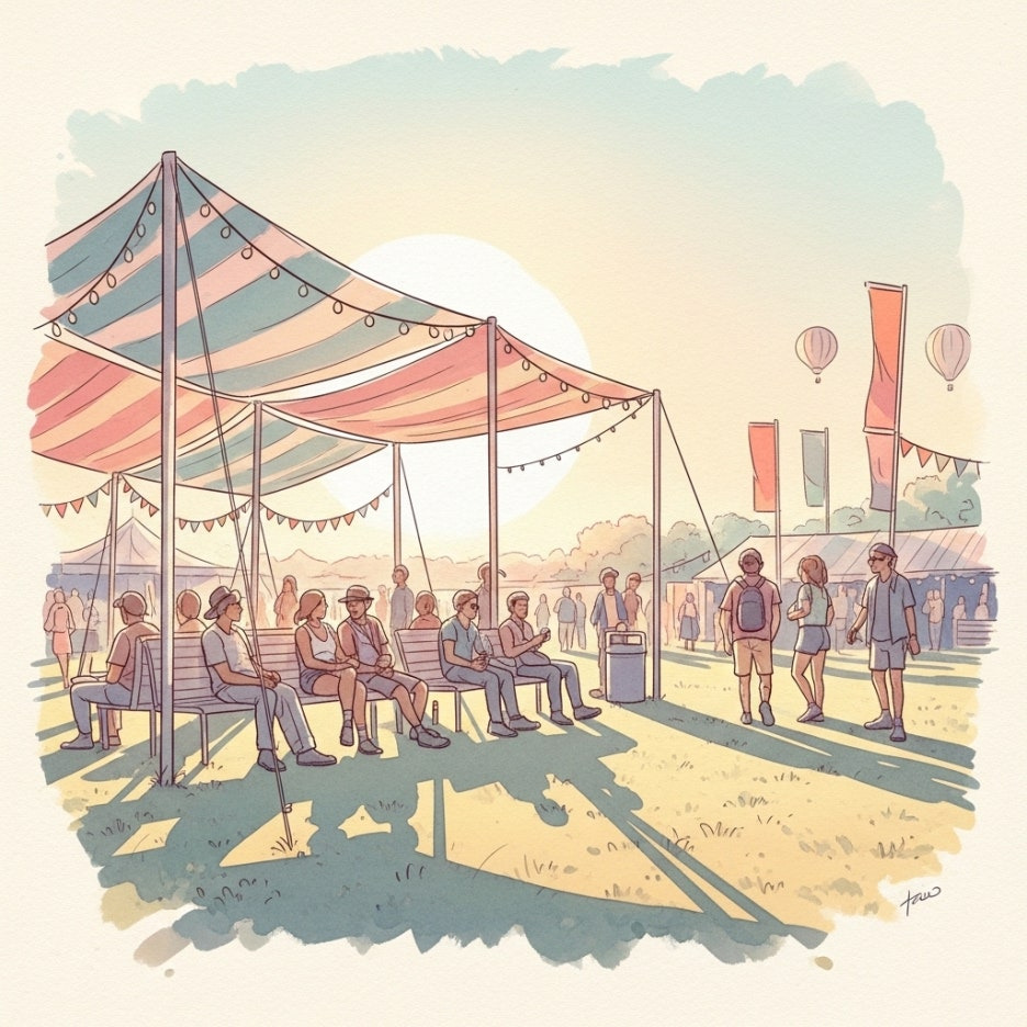 축제장 셔틀버스 승강장에서 기다리는 사람들