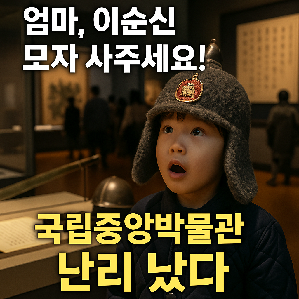&ldquo;국립중앙박물관 전시실을 배경으로 두정갑 털모자를 쓴 아이가 놀라운 표정으로 위를 바라보고 있고, 화면 아래에는 &lsquo;엄마, 이순신 모자 사주세요! 국립중앙박물관 난리 났다&rsquo;라는 문구가 적힌 뉴스형 썸네일 이미지&rdquo;