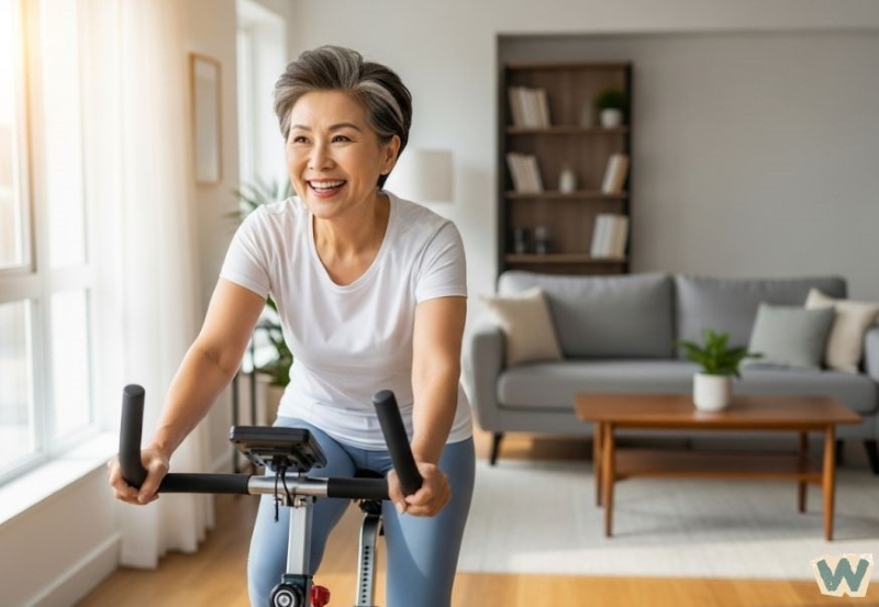 집에서 실내 자전거 운동을 하는 중년 여성 via canva