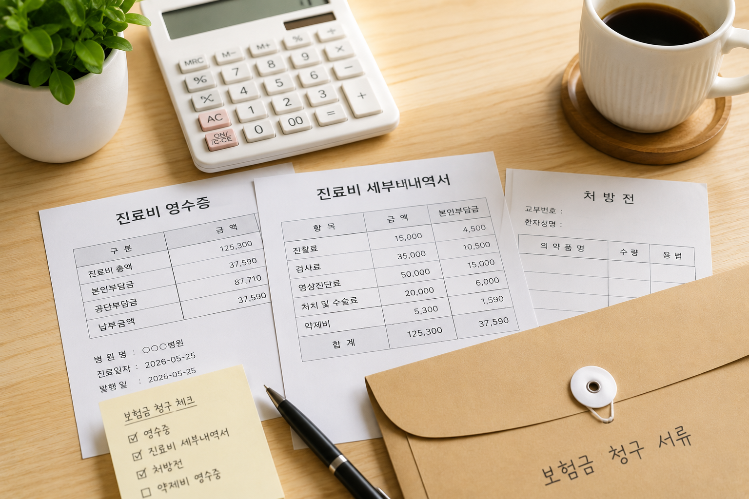 진료비 영수증과 세부내역서를 정리하는 장면