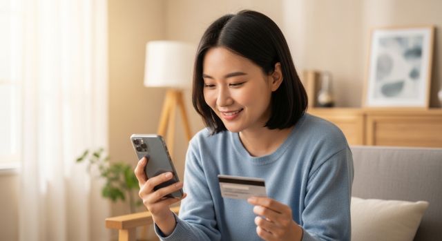 모바일 앱으로 햇살론 카드를 신청하고 승인받아 기뻐하는 청년의 모습