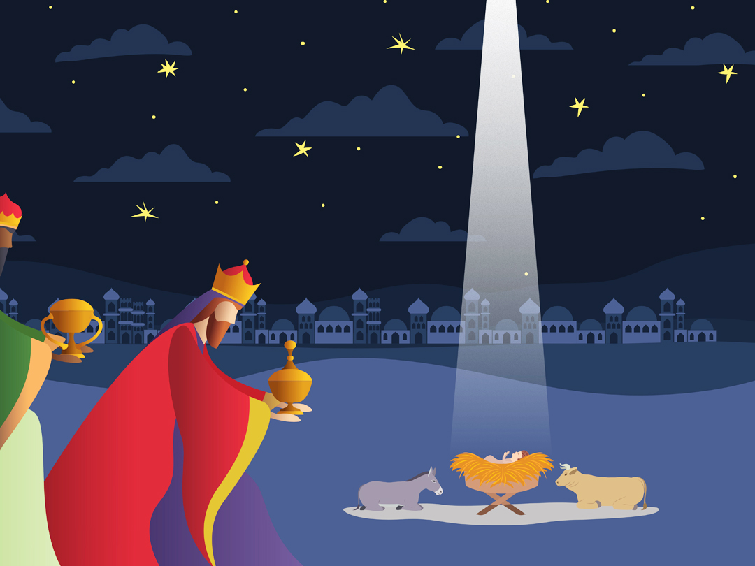 동방박사들이 마굿간에서 태어난 아기예수를 경배하는 무료 이미지