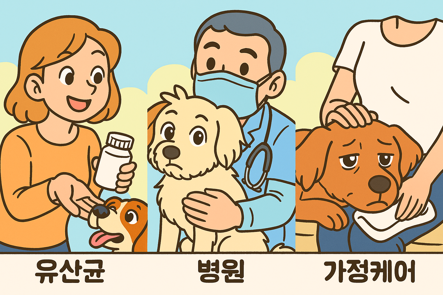강아지 설사 대처법을 만화 스타일로 표현한 이미지로, '유산균', '병원', '가정케어' 세 가지 방법을 각각의 장면으로 보여줍니다. 유산균을 먹이는 보호자, 진료 중인 수의사와 강아지, 집에서 정성껏 돌보는 모습이 따뜻하고 친근하게 그려져 있어, 반려견 건강관리의 중요성과 다양한 대처법을 쉽고 명확하게 전달합니다.