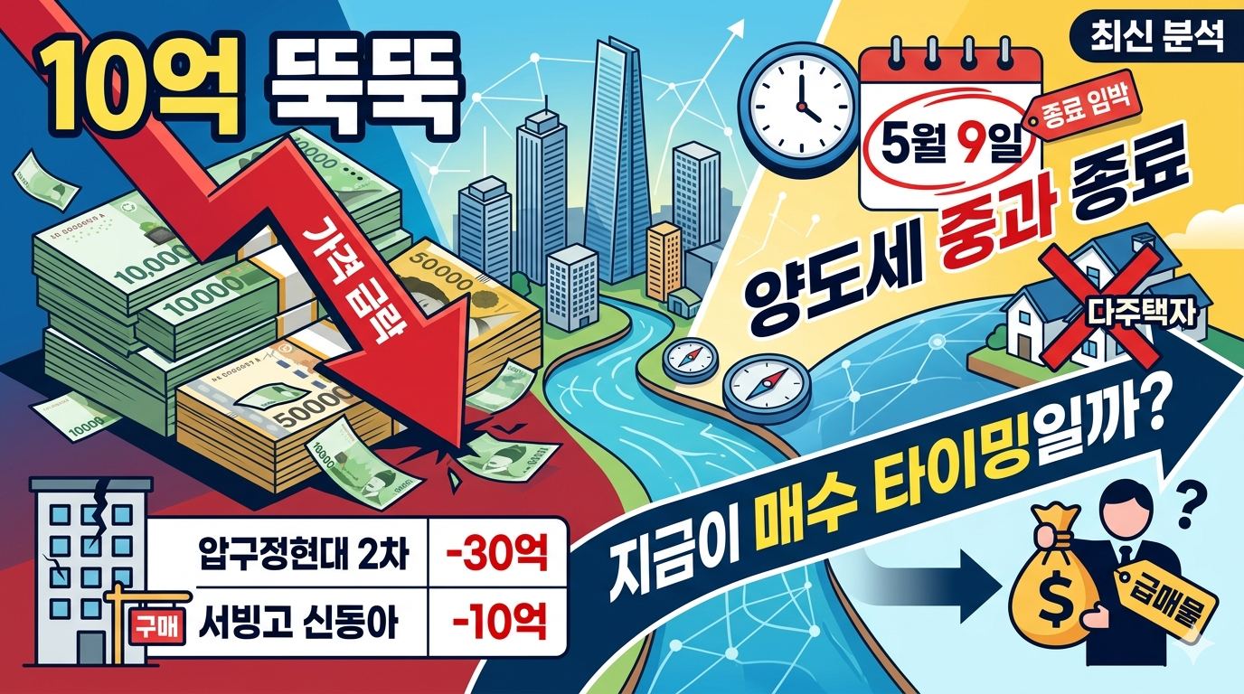"10억 뚝뚝" 하락하는 강남 아파트 가격과 5월 9일 양도세 중과 종료 임박을 시각화한 블로그 썸네일입니다.