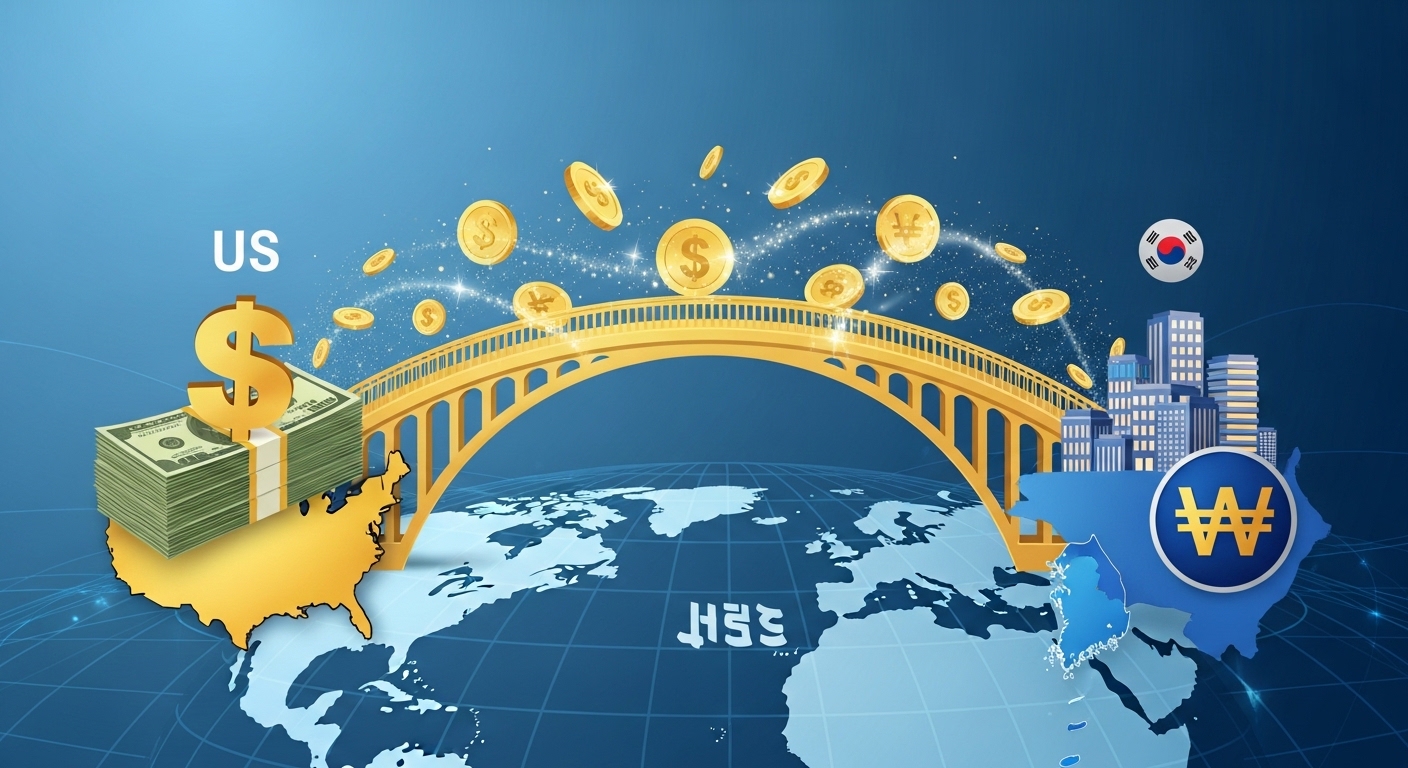 Graphic of funds moving across a golden bridge connecting the US (Dollar) and Korea (Companies) on a globe.