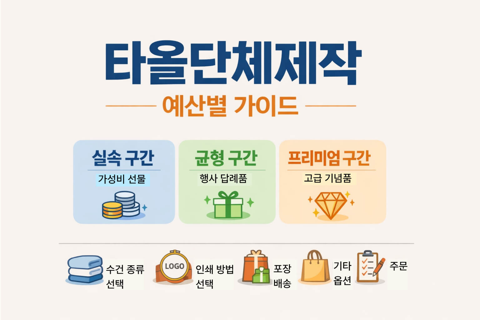 타올단체제작 예산별 3구간을 한눈에 보여주는 표지 카드