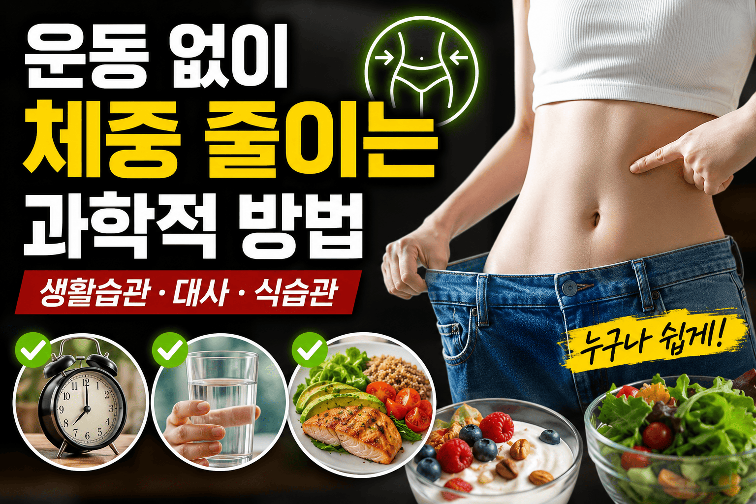 운동 없이 체중 줄이는 과학적 방법 (생활습관, 대사, 식습관)