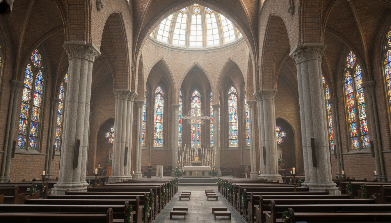 스테인드글라스를 통해 빛이 들어오는 성당 내부의 평화로운 모습