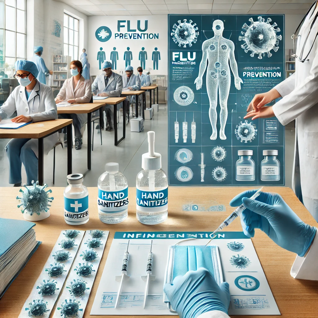 독감예방을 위한 백신 접종, 마스크 착용, 손 위생을 강조 하는 이미지