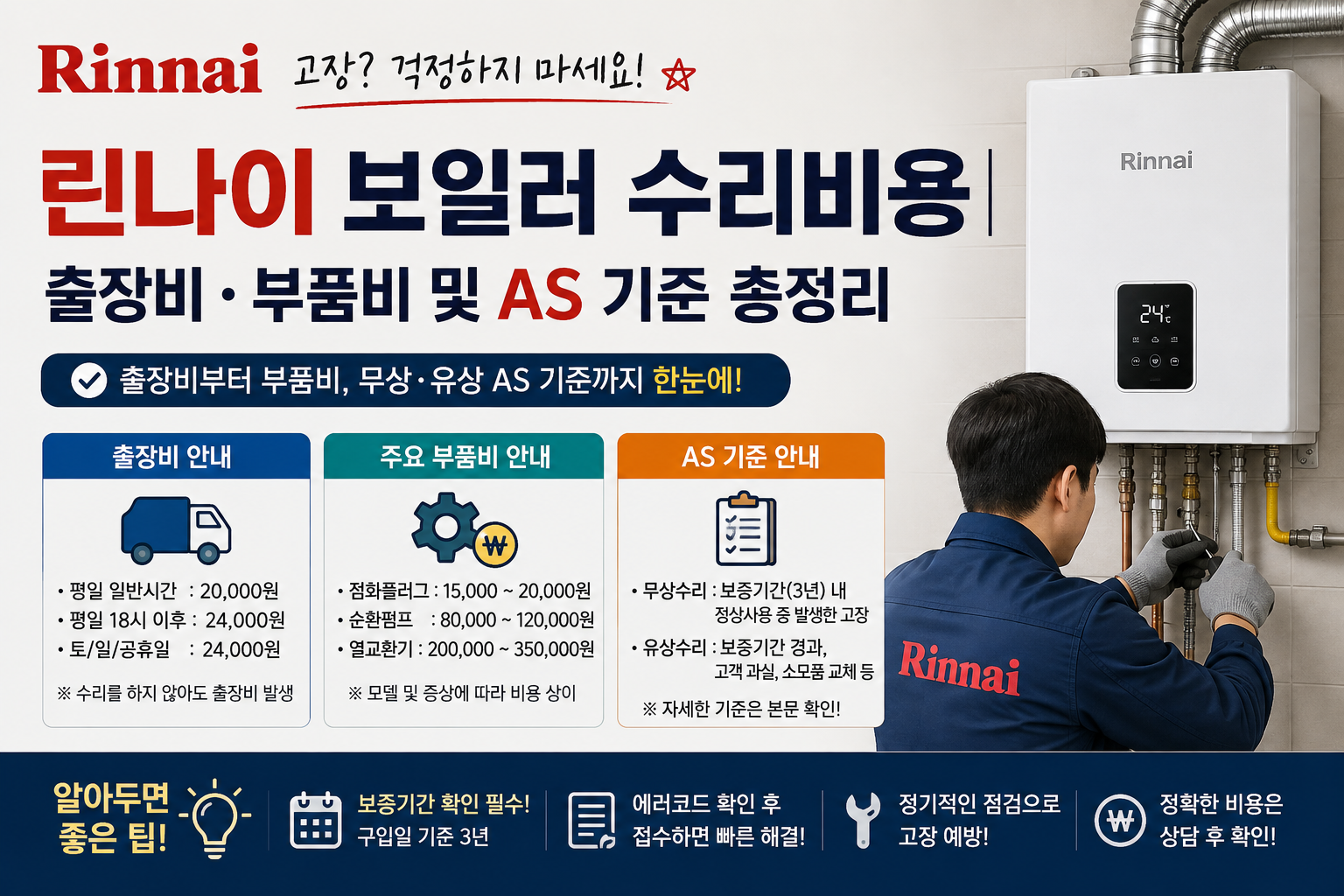 린나이 보일러 수리비용｜출장비&middot;부품비 및 AS 기준 총정리