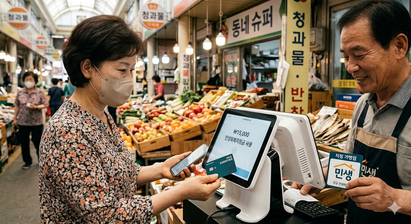 연 매출 30억 이하의 지역 소상공인 가맹점에서 지원금을 사용하여 결제하는 편리한 모습