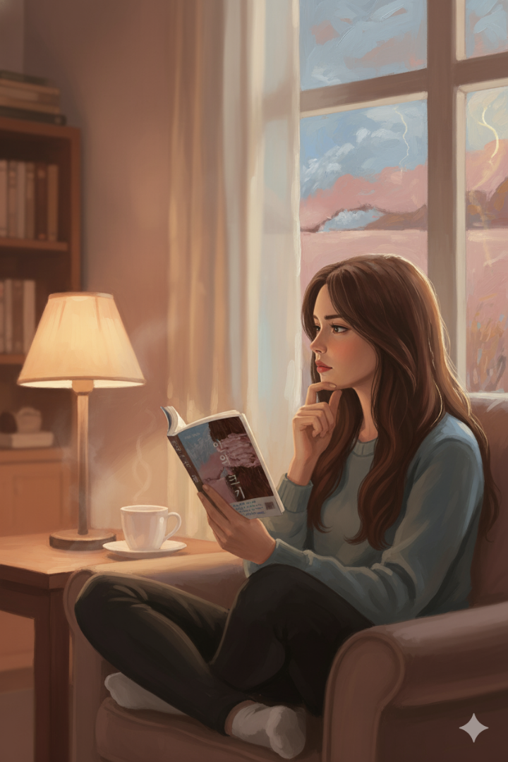 책을 들고 사색에 잠긴 듯한 감성적인 이미지