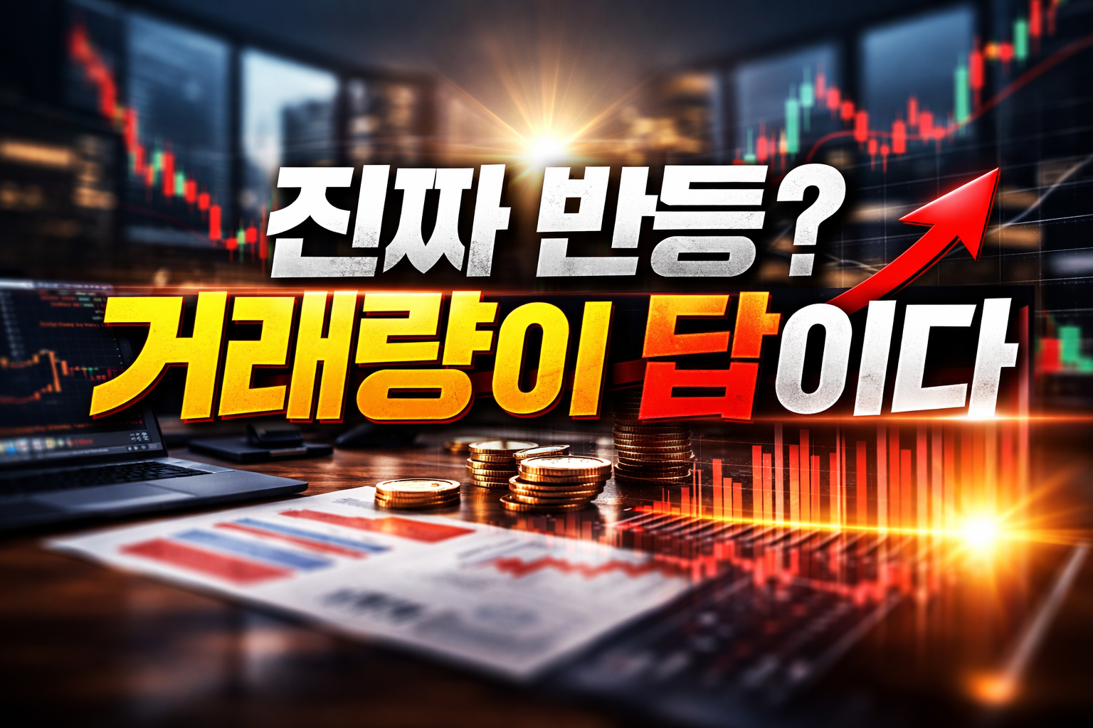진짜 반등 여부를 설명하는 거래량 급증 차트 이미지, 상승 화살표와 캔들 차트·거래대금 그래프가 함께 표현된 주식 분석 썸네일