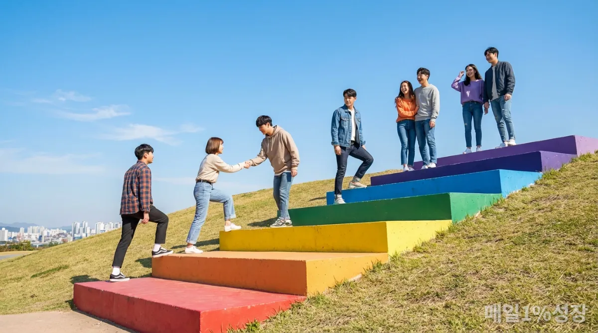 자존감을 높이는 7가지 방법을 상징하는 계단을 오르는 한국 젊은이들