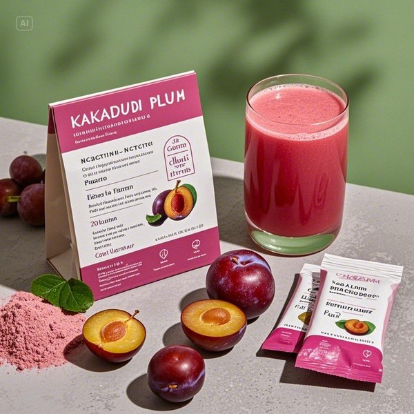카카두 플럼 열매와 분말, 카카두 플럼을 활용한 다양한 주스와 스무디, 카카두 플럼의 영양 성분을 보여주는 인포그래픽