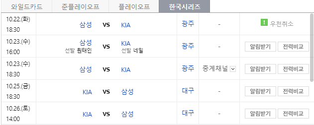 한국시리즈 기아, 삼성 2차전 경기일정 및 중계 : 네이버