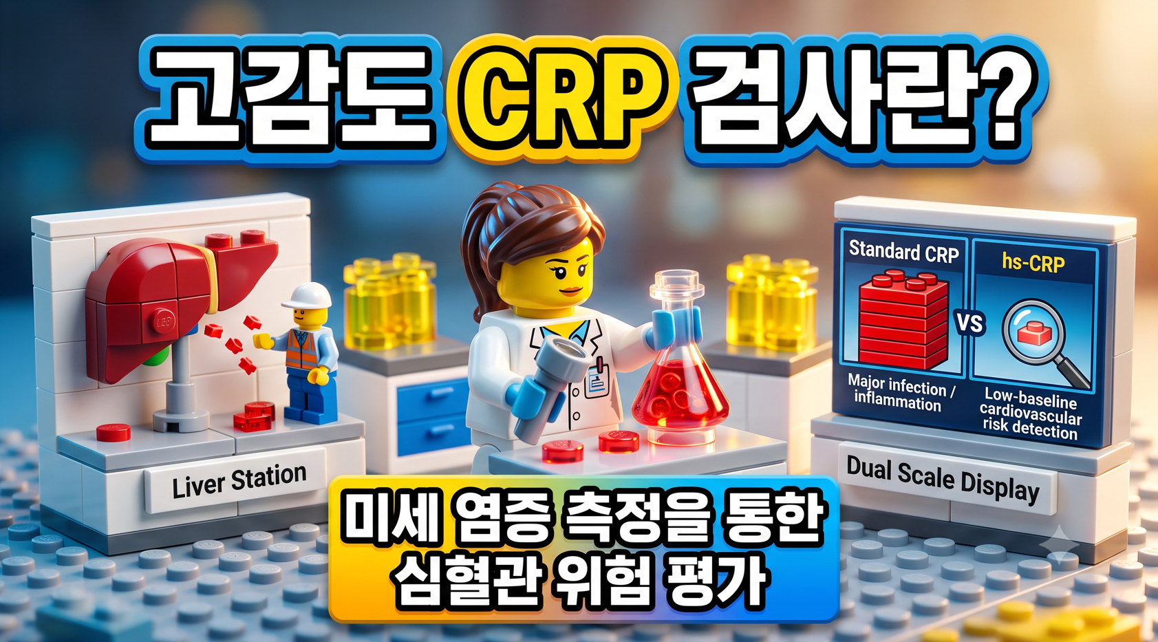 고감도 CRP(hs-CRP) 검사의 정의와 일반 CRP의 차이점을 설명하는 레고 연구실 디오라마