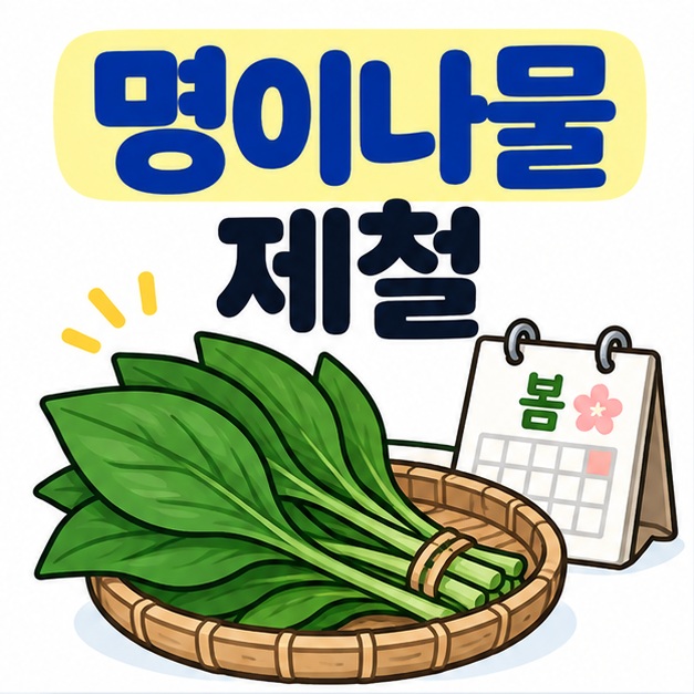 명이나물 제철 문구와 싱싱한 산마늘 잎, 봄 달력, 바구니를 보여주는 대표 카드