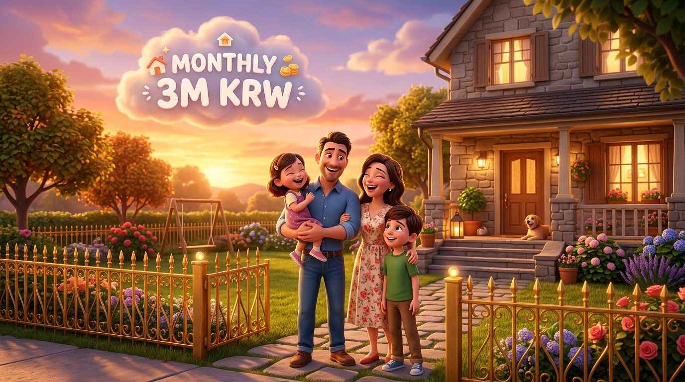 아빠가 든든한 황금 울타리를 두른 예쁜 집 앞에서 가족들과 활짝 웃고 있는 3D 일러스트. 그 위로 '월 300만 원'이라는 말풍선이 떠 있는 평온한 분위기
