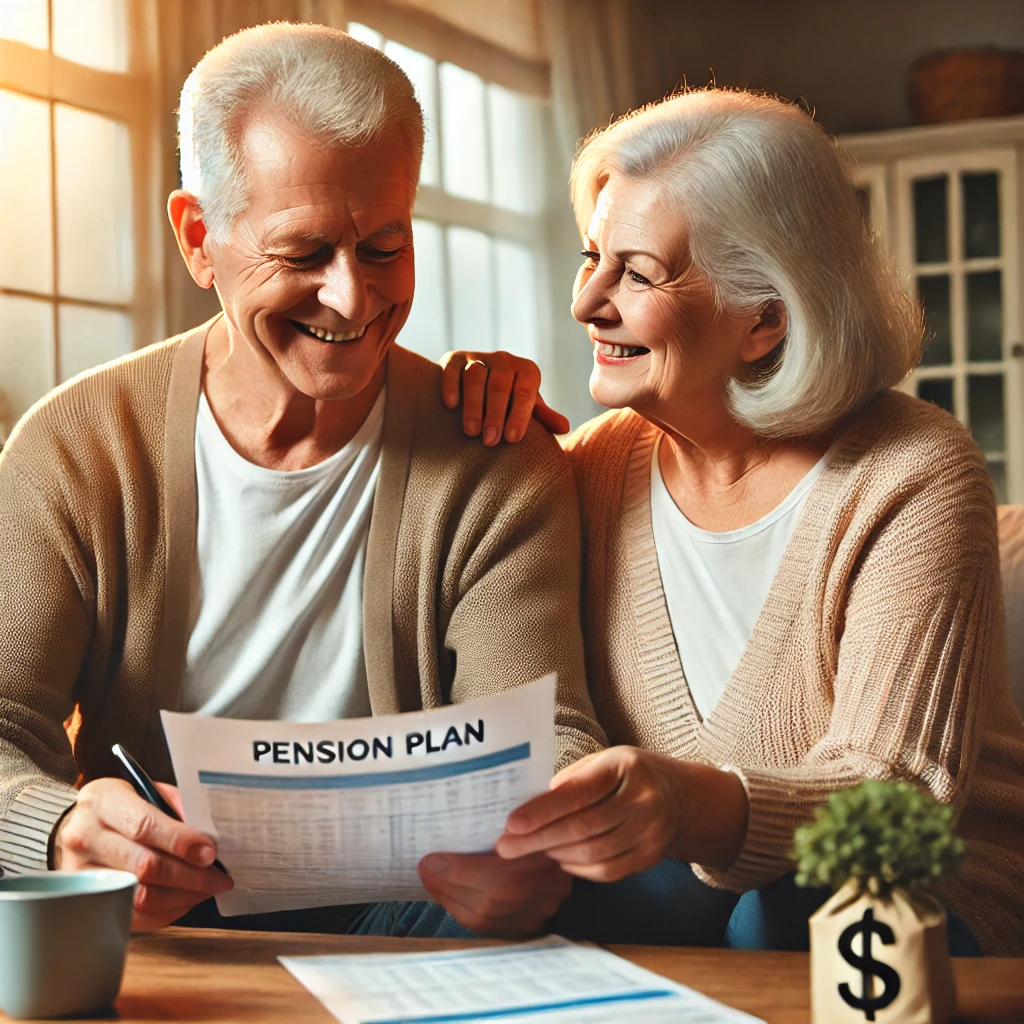 노후 연금을 보고있는 노부부 이미지