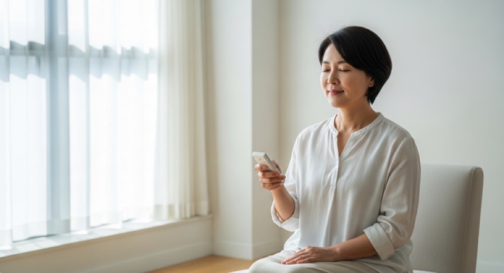 실내 환경을 조절하며 갱년기 증상을 관리하는 모습