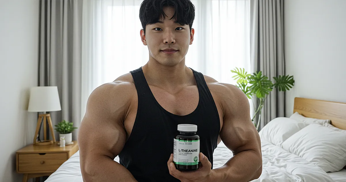 보디빌더가 침실에서 L-테아닌 보충제를 들고 있는 사진
