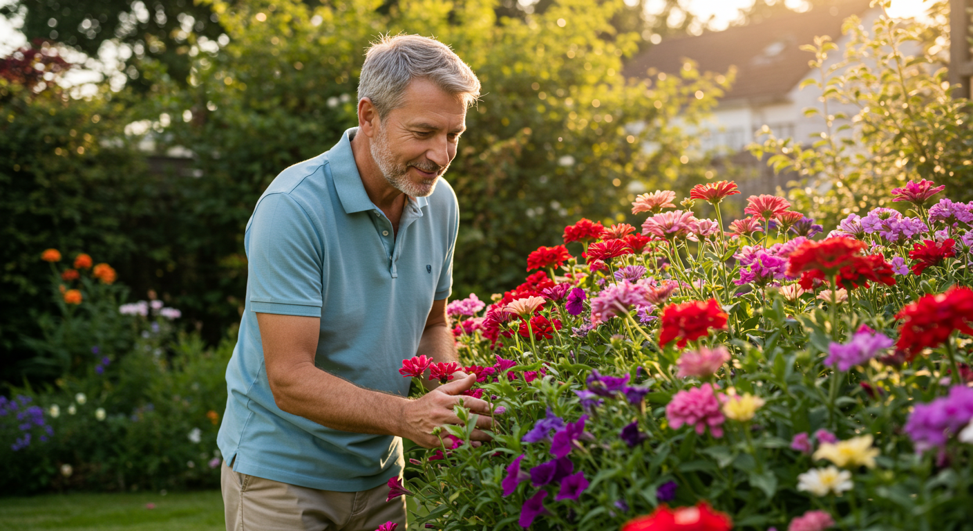 중년의 남자가 아름다운 정원에서 컬러풀한 꽃들을 보고있다.