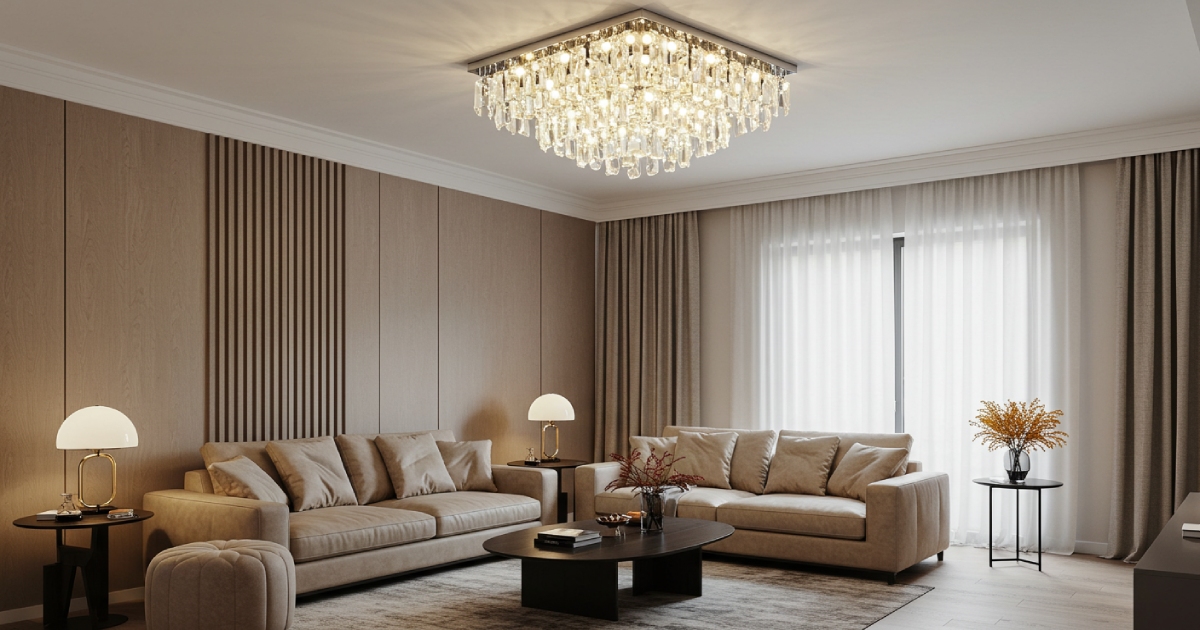 모던 거실의 크리스탈 샹들리에와 따뜻한 조명 분위기