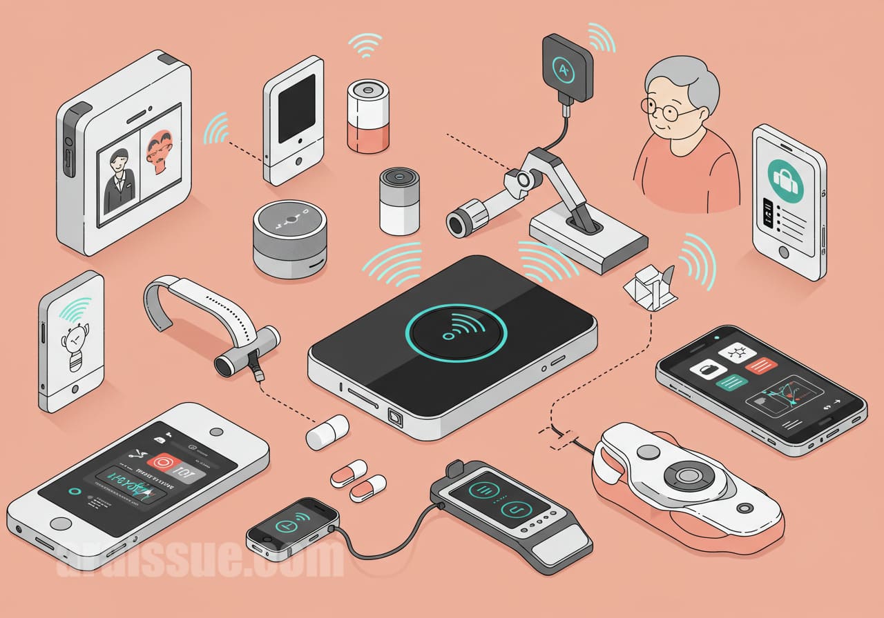 AI와 스마트 헬스케어 기기를 포함한 다양한 효도상품을 보여주는 이미지. 기술 발전이 부모님의 건강 관리에 어떻게 기여하는지를 강조하는 장면입니다.