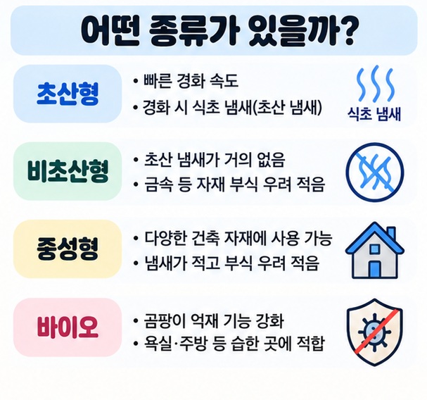 초산형 비초산형 중성형 바이오 실리콘의 특징과 주요 용도를 비교한 이미지