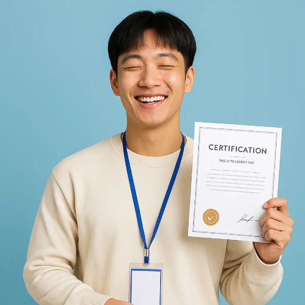 자격증을 들고 자신감 있게 웃는 청년 남성의 텍스트 없는 인물 이미지