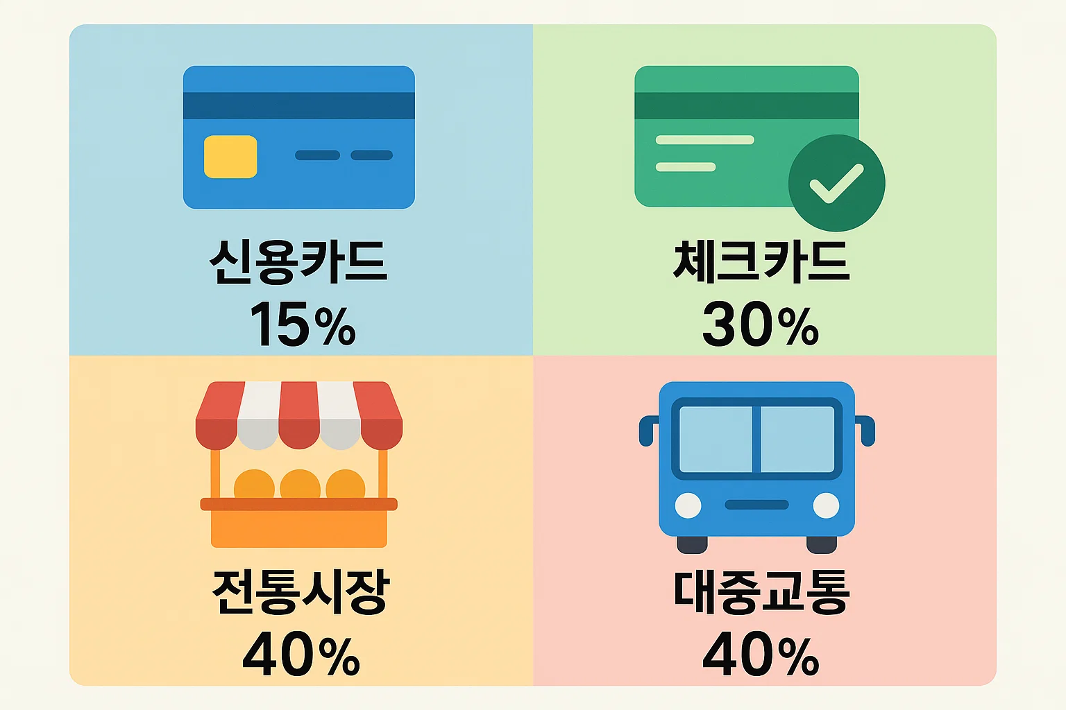 2025 신용카드 연말정산 한도 계산에 필요한 신용카드&middot;체크카드&middot;전통시장&middot;대중교통 공제율 차이를 직관적으로 비교할 수 있도록 정리한 공제율 인포그래픽