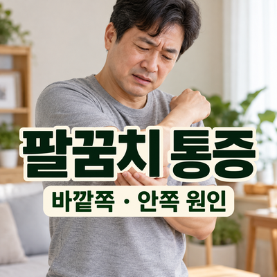 팔꿈치를 만지는 남성과 통증 안내 문구