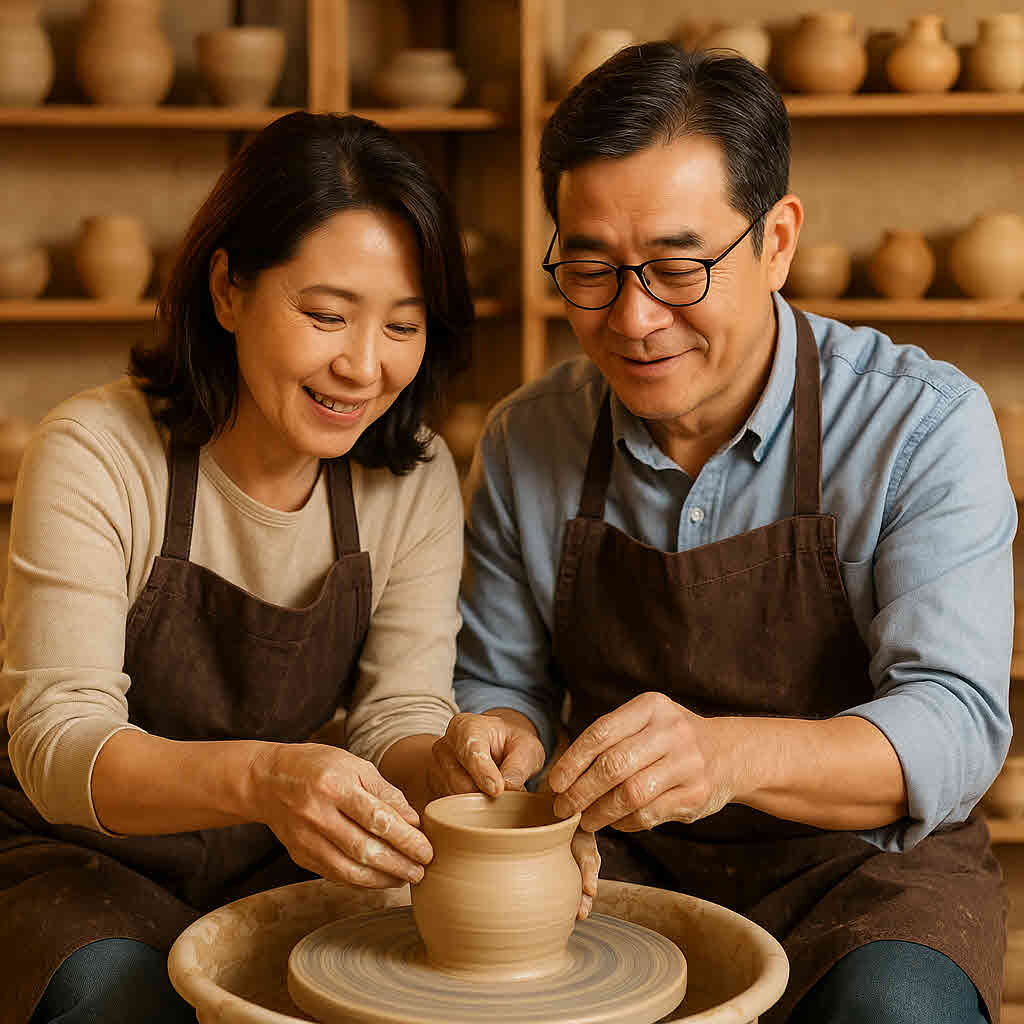 도자기 클래스에 참여 중인 중년 부부