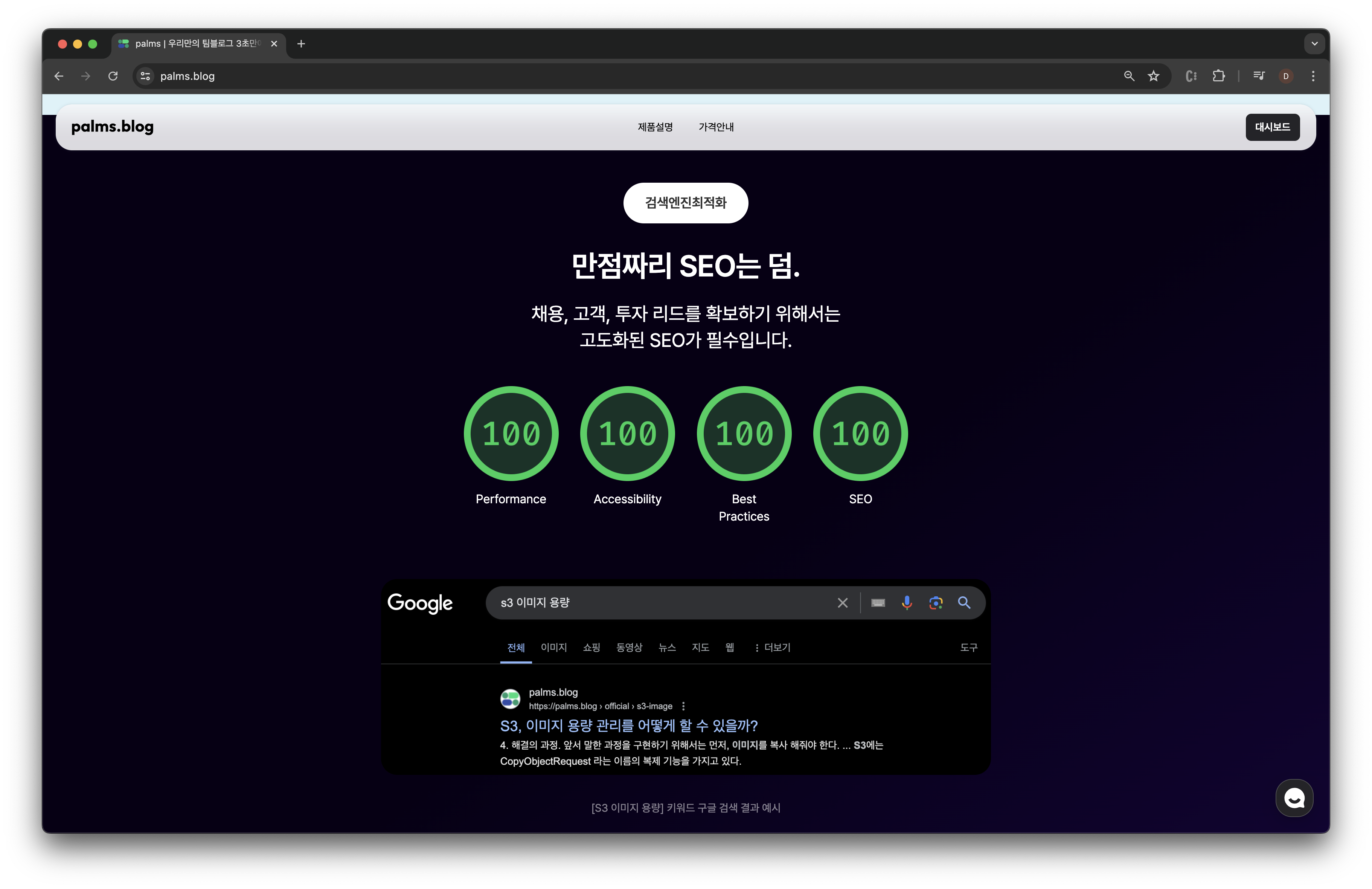 SEO를 강조하고 있는 팀블로그 palms 랜딩페이지