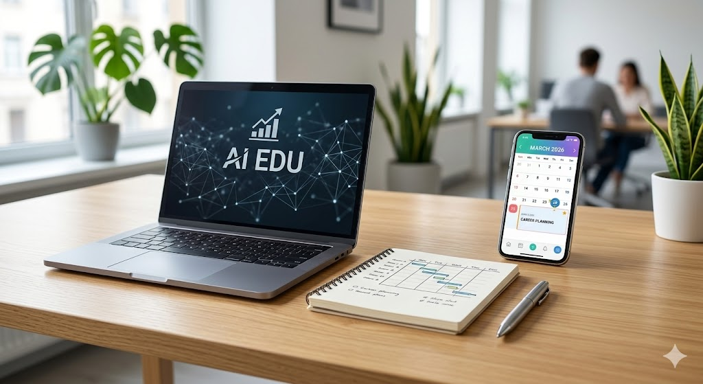 깨끗한 원목 책상 위에 놓인 최신 노트북과 공책, 만년필이 어우러진 현대적인 업무 환경 이미지입니다.