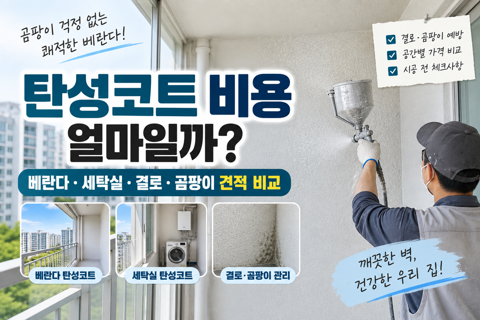 작업자가 아파트 베란다 벽에 탄성코트를 시공하며 베란다·세탁실 탄성코트 비용과 결로·곰팡이 관리 기준을 비교하는 모습