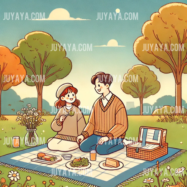 푸른 하늘 아래 공원에서 부모와 아이가 피크닉 매트 위에서 즐거운 시간을 보내는 모습을 담은 웹툰 스타일 일러스트. 잔디와 나무가 배경으로 따뜻한 분위기를 연출.