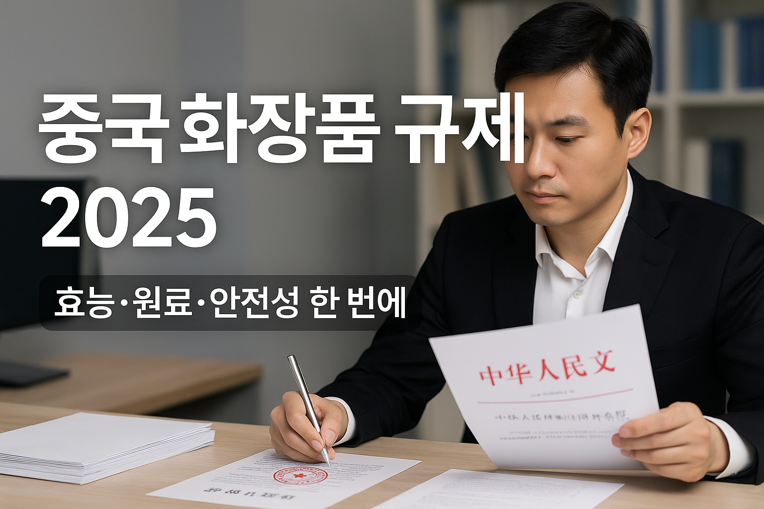 현대적인 사무실에서 중국 화장품 규제 문서를 검토하는 한국인 전문가가 책상에서 서류와 도장을 확인하는 장면으로, "중국 화장품 규제 2025" 메인 문구와 어두운 반투명 배경 위에 "효능·원료·안전성 한 번에" 보조 문구가 배치되어 있으며, 중국 화장품 효능 평가, 원료 규제, 안전성 평가 전체버전, 라벨 표시 규정 등 2025년 최신 동향을 한눈에 안내하는 전문 웨비나 콘텐츠를 강조