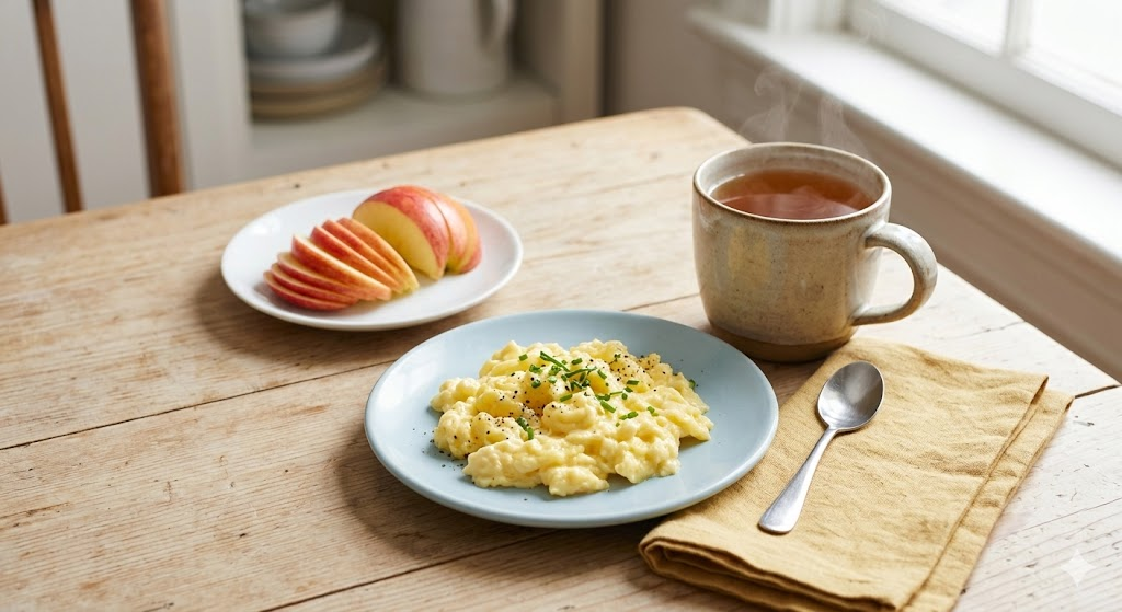 신선한 달걀 스크램블과 예쁘게 깎은 사과, 따뜻한 차 한 잔이 놓인 건강한 식단