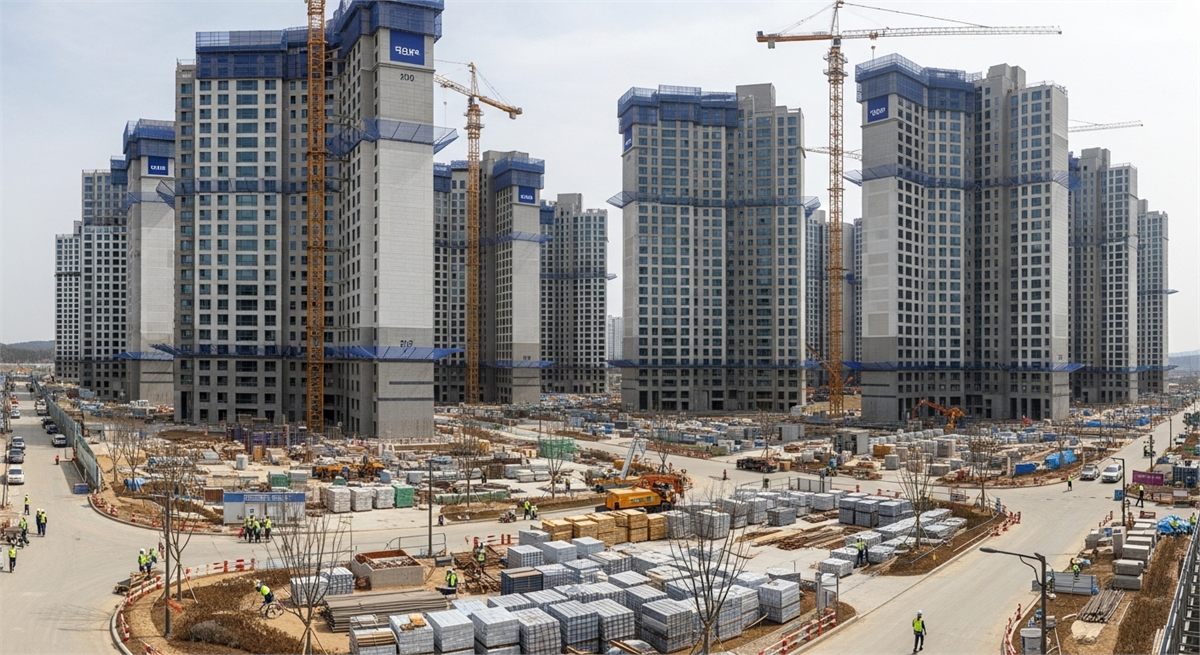 준공을 앞둔 대규모 아파트 건설 현장 전경 