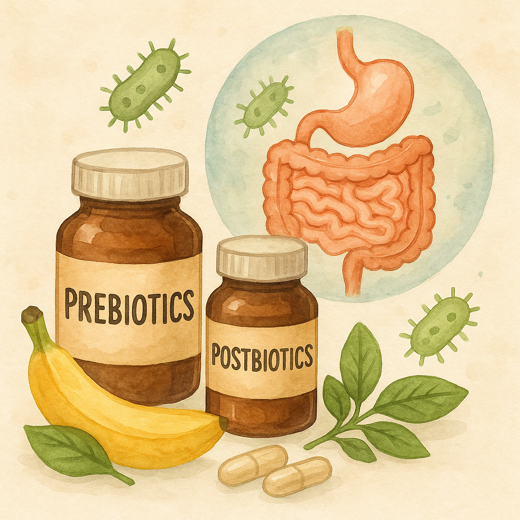 프리바이오틱스, 포스트바이오틱스의 대표적인 캡슐, 바나나, 잎사귀가 있다.